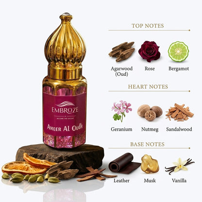 Embroze Ameer Al Oudh attar fragrance notes featuring a rich and long-lasting oud scent profile