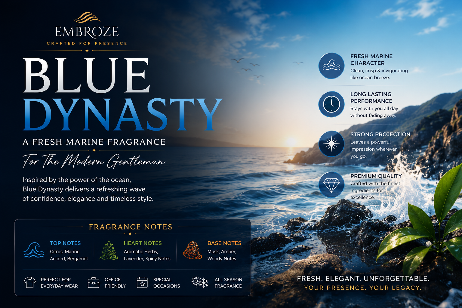 Blue Dynasty by Embroze – Premium Fresh Marine Perfume for Men in Pakistan featuring marine notes, bergamot, aromatic herbs, musk and amber.