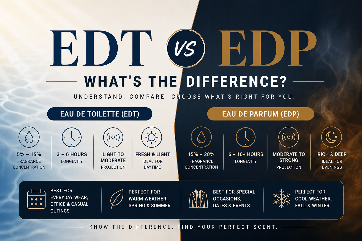 EDT vs EDP comparison guide explaining fragrance concentration, longevity, projection, and the differences between Eau de Toilette and Eau de Parfum.
