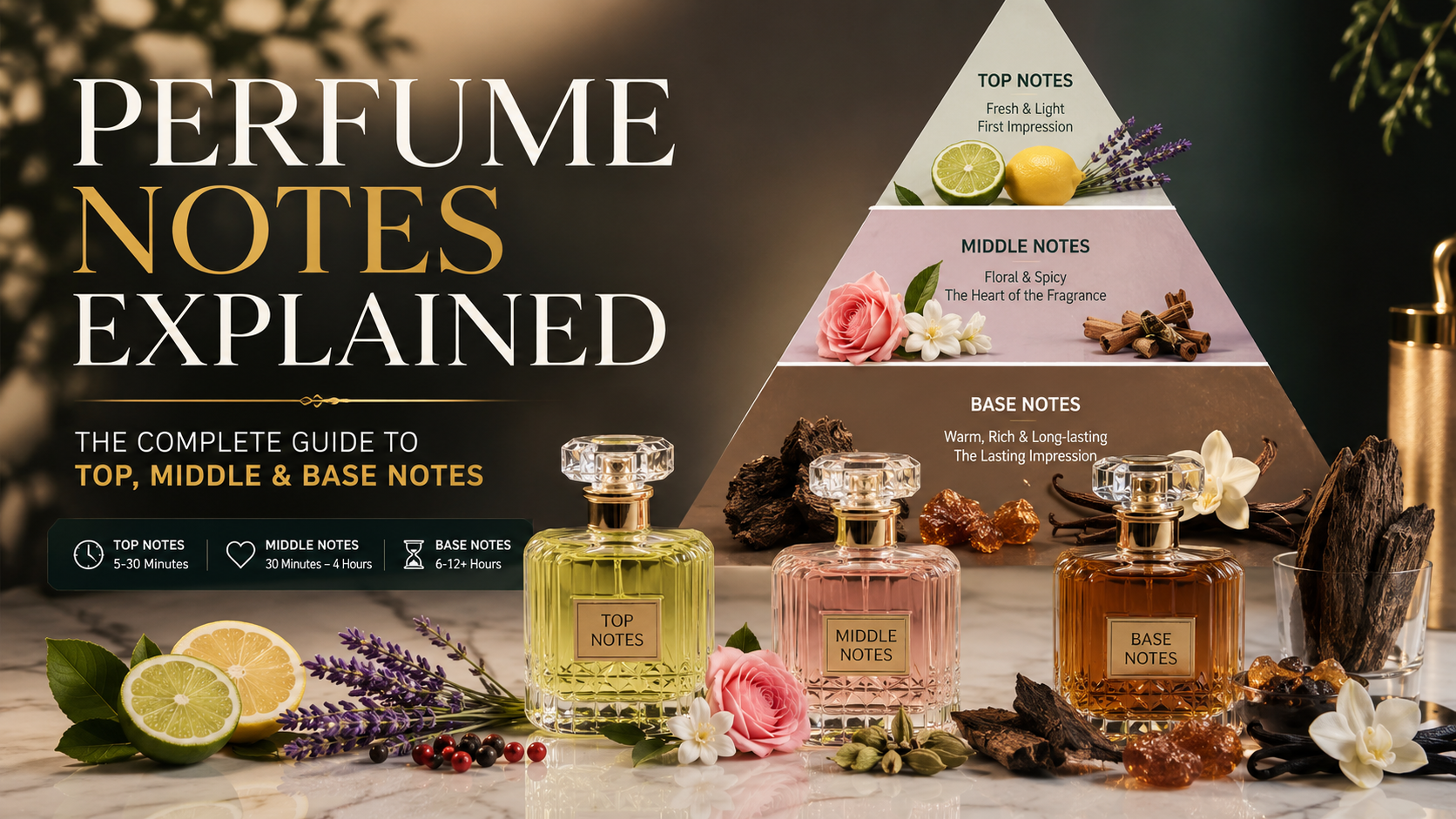 Perfume Notes Explained showing the fragrance pyramid with top notes, middle notes, and base notes using luxury perfume bottles.